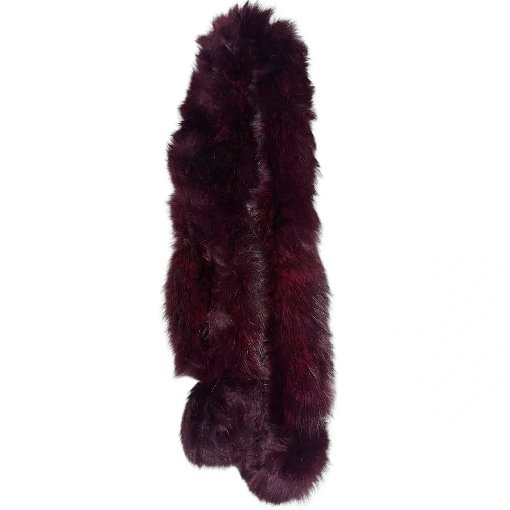 100% REAL FUR Luxurious Knitted Burgundy Wrap Scarf Pom Pom Soft Cozy